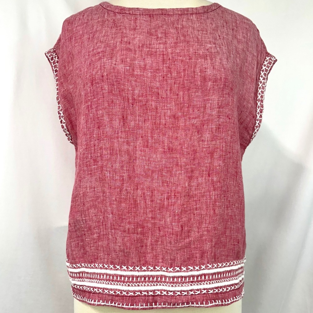 SIGRID OLSEN Red 100% Linen Embroidered Button Back‎ Cap Sleeve Top Women's XS